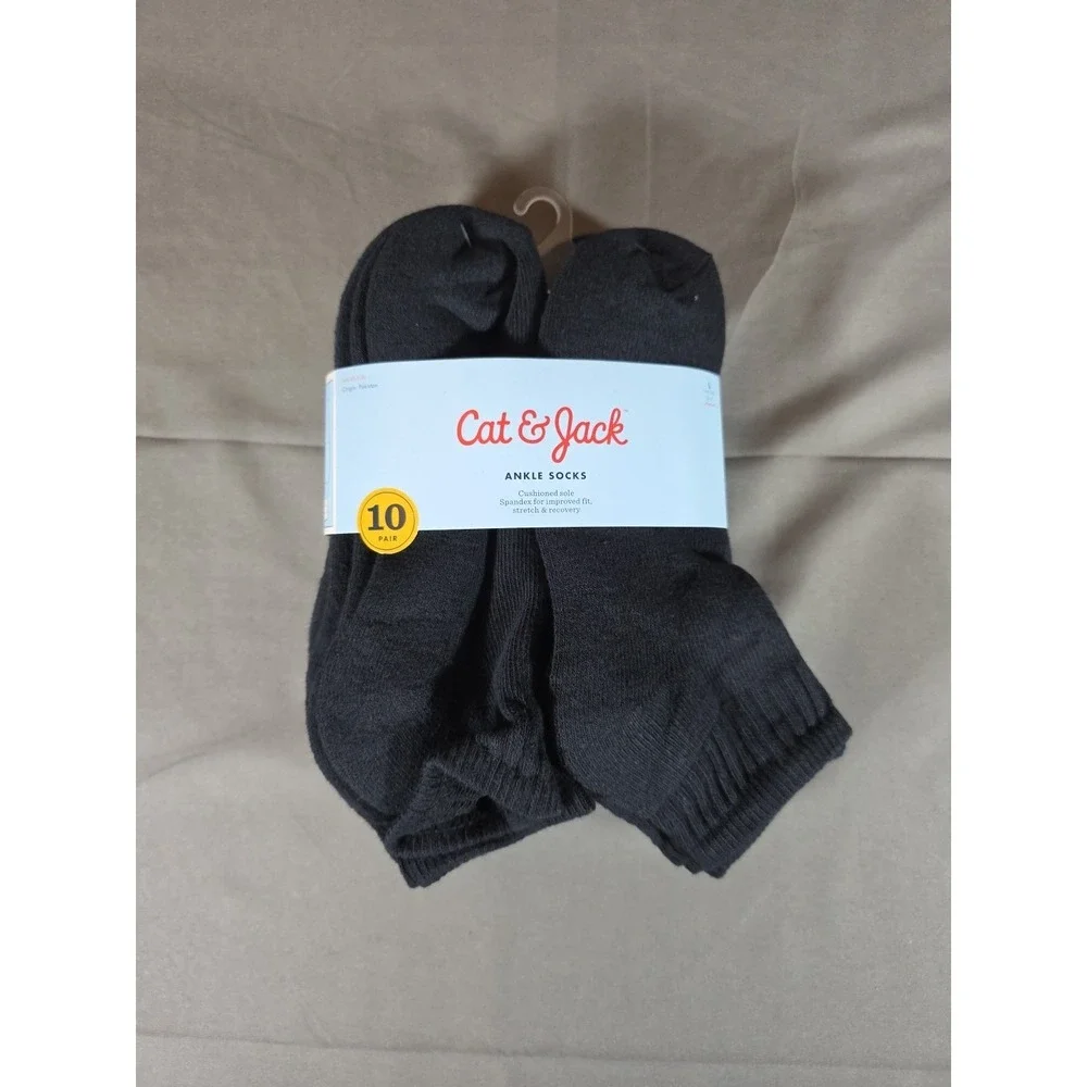 Cat And Jack Black Cushioned Sole Ankle Socks 10 Pairs Large shoe size 3 - 7